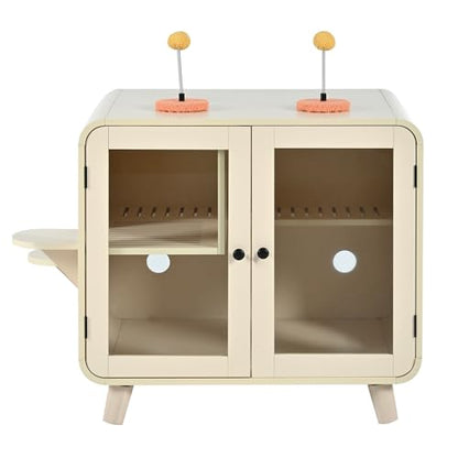 Merax Cat Hidden Litter Box Enclosure with RGB LED Light – Retro TV-Style Cat House Cabinet with Stairs, Pom-Pom Toys, Litter Leak Walkway & Glass Doors for Living Room,Beige - color: Beige