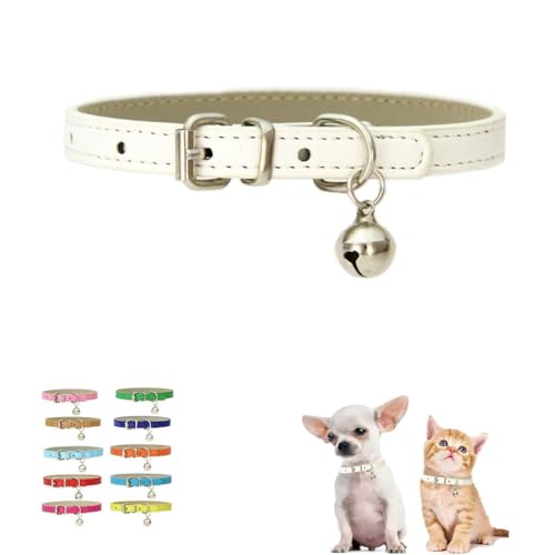 White Puppy Collar with Bell XXS Dog Collar Boy Cat Collars Soft Faux Leather Adjustable for XXS Xs Small Pet Dogs Animal Litter Tiny Kitten Female Girls,XXSmall - color: White, size: XXS for Neck 5"-8"
