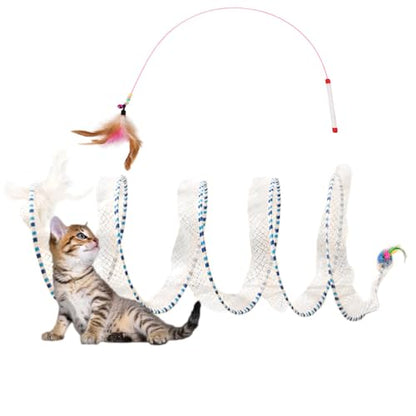 Spiral Tunnel Cat Toy, 25.59 Inches Unfolded with Cat Wand Self Play Collapsible, Hunting Spiral Tunnel with Feather Mouse Toys and Bell for Indoor Kitten Play Chase Exercise (Blue) - color: Blue+Pink