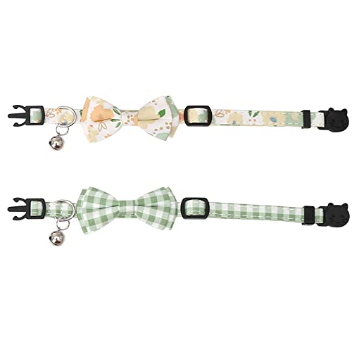 2 Pack/Set Cat Collar Breakaway with Cute Bow Tie and Bell Plaid Flower for Kitty Adjustable Safety - color: Green
