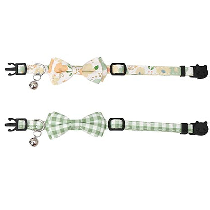 2 Pack/Set Cat Collar Breakaway with Cute Bow Tie and Bell Plaid Flower for Kitty Adjustable Safety - color: Green