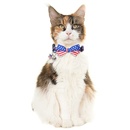 American Flag Cat Collar with Bell Bow Tie Star Breakaway Adjustable for 4th of July Independence Day - color: 3PCS