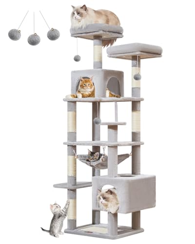 Taoqimiao Cat Tree, 68-Inch Cat Tree Cat Tower for Indoor Cats, Plush Multi-Level Cat Condo with 6 Scratching Posts, 2 Perches, 2 Caves,Hammock, 3 Pompoms,MS020SW Light Gray - color: Light Gray, size: 68IN