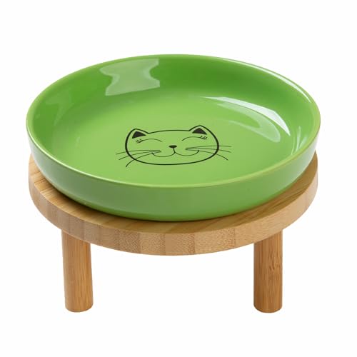 Lusifaco Shallow Elevated Cat Bowls,5.9 Inch Wide Raised Ceramic Cat Dishes with Bamboo Stand, Whisker Friendly Pet Water or Food Plates Feeding Station for Indoor Cats, Kitten(Green,Set of 1) - color: Green