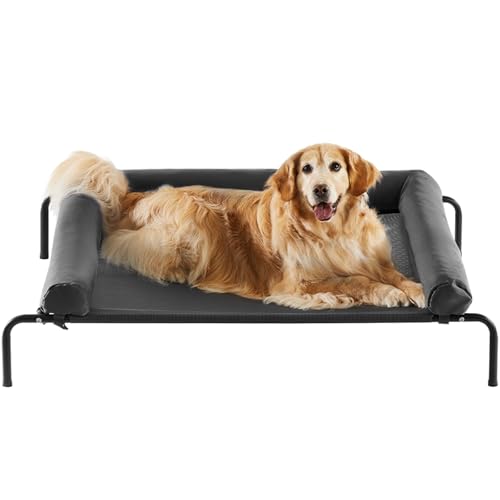 RRPETHOME Large Elevated Cooling Dog Bed, Raised Dog Cot Beds for Large Dogs, Elevated Outdoor Pet Bed, Chew Proof Portable Cooling Pet Cot with Skid-Resistant Feet and Breathable Mesh - color: Black, size: 36.0"L x 26.0"W x 8.0"Th