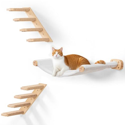 Cat Stairs Hammock Set of 3 – Cat Wall Shelves with 1 Floating Fabric Hammock, 2 Wall Ladders with 4 Steps Each - color: 3 in 1 Hammock