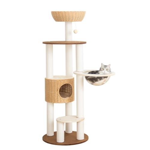 Modern Cat Tree for Large Cat, 57-Inch Tall Cat Tower with Scratching Post for Indoor Cats, Multi-Level Cat Condo with Hand-Woven Cat Bed and Acrylic Bowl Easy to Clean (Y909) - color: Brown Y909