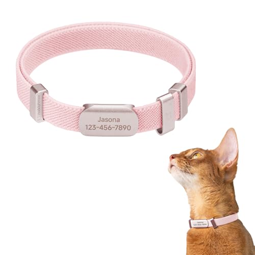 Anti-Choke Elastic Cat Collar and Personalized Name Tag Set, U.S IDA Gold Award Non Breakaway Cat Collar Engraved ID Tag Personalized Cat Collar for Kitten Small Large Cats (Blush Pink, S) - color: Blush Pink, size: S