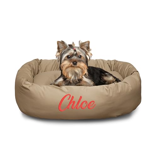 Majestic Pet Personalized 24 Inch Bagel Calming Dog Bed Washable – Cozy Soft Round Dog Bed with Spine Support for Dogs to Rest Their Head - Fluffy Donut Dog Bed 24x19x7 (Inch) - Small – Khaki - color: Khaki, size: Small