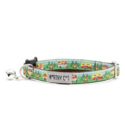 The Worthy Dog Happy Camper Cat Collar with Bell, Adjustable Nylon Safety Collar, Breakaway Buckle, Multicolored, One Size - color: Multicolored-happy Camper