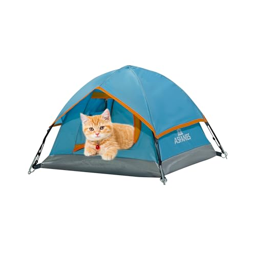 ASFANES Outdoor Waterproof Pet Camping Tent, Cave Bed for Indoor Cats and Small Dogs, Portable Cat House Dog House, 21.6x21.6x14.9'', Blue, S.(The Pole has Been Improved)
