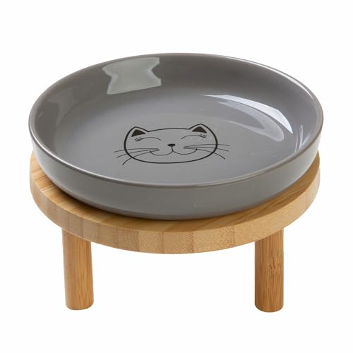 Lusifaco Shallow Elevated Cat Bowls,5.9 Inch Wide Raised Ceramic Cat Dishes with Bamboo Stand, Whisker Friendly Pet Water or Food Plates Feeding Station for Indoor Cats, Kitten(Grey,Set of 1) - color: Grey