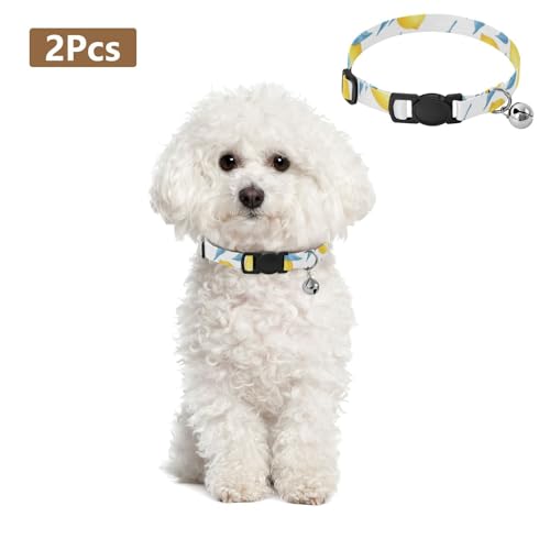 Yellow Lemons Blue Leaves Dog Collar with Bell 2 Pack Dog Collar Adjustable 10.6 to 17.1 Inches - color: Yellow Lemons Blue Leaves