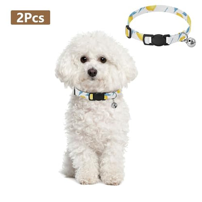 Yellow Lemons Blue Leaves Dog Collar with Bell 2 Pack Dog Collar Adjustable 10.6 to 17.1 Inches - color: Yellow Lemons Blue Leaves