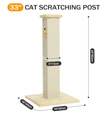Made4Pets Cat Scratching Post, 32 Inch Natural Sisal Cat Scratcher with Kitten Toy, Tall Scratching Post for Indoor Cats Adults and Kittens, Beige - color: Beige-Sisal