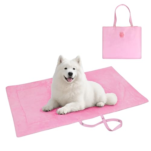 Waterproof Foldable Dog Bed Pad for Camping & Travel, Portable Roll-Up Dog Bed Car Seat Pet Cushion Mat with Handles for Medium & Large Dogs, Indoor & Outdoor Use - color: Pink, size: 50"x28"