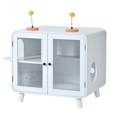 Merax Cat Hidden Litter Box Enclosure with RGB LED Light – Retro TV-Style Cat House Cabinet with Stairs, Pom-Pom Toys, Litter Leak Walkway & Glass Doors for Living Room,Cream - color: Cream