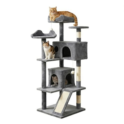 Pawly 52.5" Large Cat Tree with 2 Condos & Sisal Ramp, Premium CARB P2-Compliant Particle Board, 350G Plush Sturdy Cat Tower for Large Breeds, Senior Cats & Multi-Cat Household, Gray