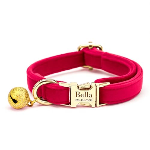 Custom Cat Collar with Bells Personalized Small Cat Collar Engraved Name & Phone Number with Secure Metal Quick-Release Buckle Adjustable (Bright RED) - color: Red