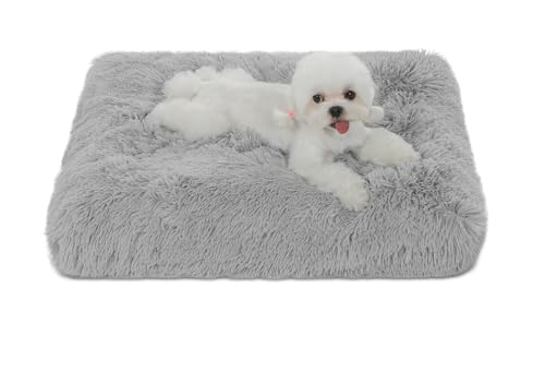 Bedfolks Plush Dog Crate Pad, Washable Faux Fur Bed for Small Dogs & Cats - 17"x12", Light Grey - color: Solid Light Grey, size: XX-Small(17x12'')