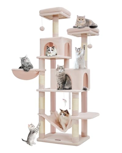 Taoqimiao Cat Tree, 66.2-Inch Cat Tower for Indoor Cats, Plush Multi-Level Cat Condo with 12 Scratching Posts, 2 Perches, 2 Caves, Hammock, 2 Pompoms, Jelly Pink MS013P - color: Jelly Pink, size: 67 inches