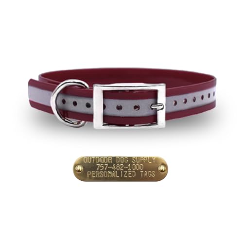Outdoor Dog Supply Personalized 3/4” Reflective Burgundy Waterproof D-Ring Dog Collar for Small & Medium Dogs | 3/4" Custom Brass Nameplate (18") - color: Reflective Burgundy, size: 18" Long