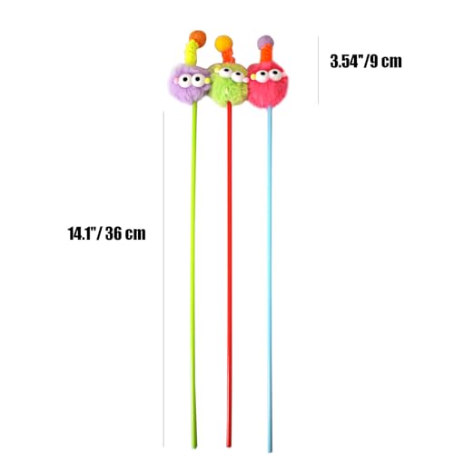 IUHKBH Cat Wands, 3 PCS Fluffy Ball Teaser Wands Interactive Kitten Toys Adorable Cat Toys No Noise Kitty Wand for Energetic Kittens