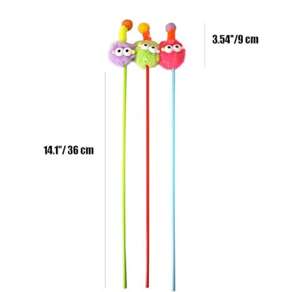 IUHKBH Cat Wands, 3 PCS Fluffy Ball Teaser Wands Interactive Kitten Toys Adorable Cat Toys No Noise Kitty Wand for Energetic Kittens