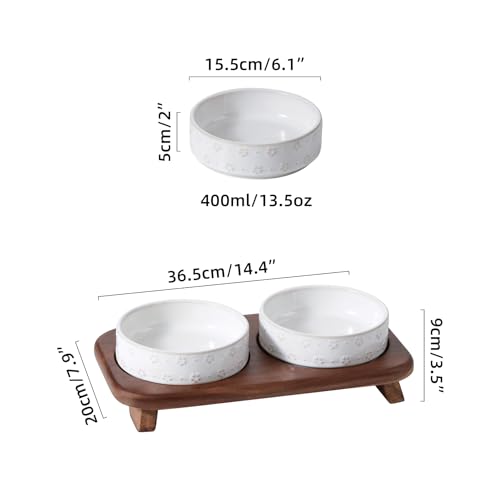Havniva Cat Food Bowl, 6.1" Raised Cat Bowls with Acacia Wood Stand, Elevated Cat Bowls Ceramic Pet Food & Water Bowl Set, Extra Wide Whisker Friendly Elegant Pet Bowls for Kitten, Cats, Puppy - color: 2 Bowls+Stand- Arctic White
