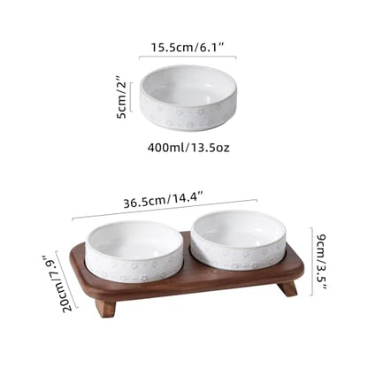 Havniva Cat Food Bowl, 6.1" Raised Cat Bowls with Acacia Wood Stand, Elevated Cat Bowls Ceramic Pet Food & Water Bowl Set, Extra Wide Whisker Friendly Elegant Pet Bowls for Kitten, Cats, Puppy - color: 2 Bowls+Stand- Arctic White