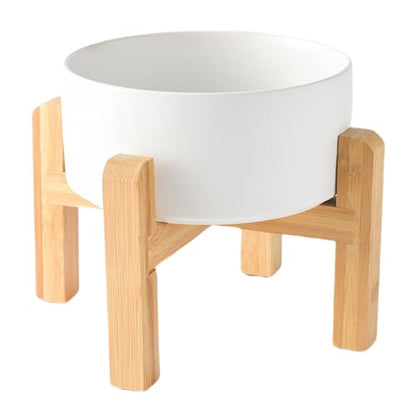 6'' Ceramic Raised Dog Bowl - 30Oz Dog Food & Water Bowl with Elevated Non-Slip Bamboo Stand, Dishwasher & Microwave Safe, Anti Vomiting Heavy Duty Pet Bowl for Small and Medium Dogs, White - color: 1 x Bowl + Stand - White, size: 6 inch