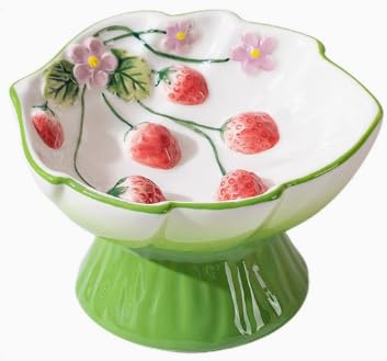 Ceramic Strawberry Elevated Cat Bowls, Tilted Raised Pet Dish for Anti Vomit, Spine Protection, Whisker Friendly - Excellent Raised Food and Water Bowl for Indoor Cats, Flat-Faced Cats (Green) - color: Green