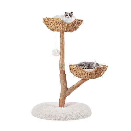 unipaws Wood Cat Tree Tower for Large Cats 20lbs, Updated Enlarge 24" Base with Dual Woven Baskets, 41" H Cat Activity Tree with Plush Cushions and Scratching Post - size: 2 baskets