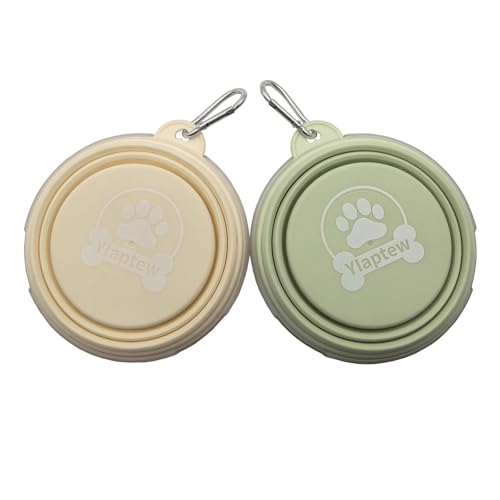 Small Collapsible Dog Bowl 12oz,2 Pack Portable and Foldable Pet Travel Bowls with 2 Carabiners & Lids for Dogs Cats and Small Animals (Macaron Yellow+Green, 350ml)