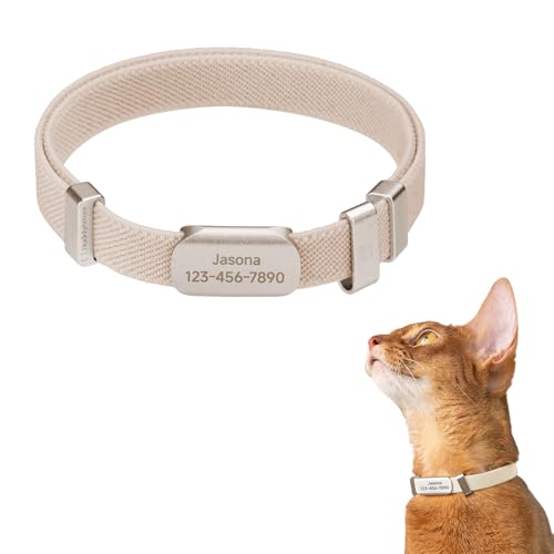 Anti-Choke Elastic Cat Collar and Personalized Name Tag Set, U.S IDA Gold Award Non Breakaway Cat Collar Engraved ID Tag Personalized Cat Collar for Kitten Small Large Cats (Linen, S) - color: Linen, size: S