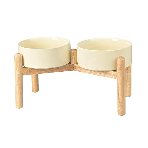 SPUNKYJUNKY Ceramics Elevated Dog Bowls with Wooden Stand - Raised Double 60OZ Cream White Bowls for Medium Large Dogs - color: Cream White (Double Bowls Set), size: Large - 7.6 CUPS