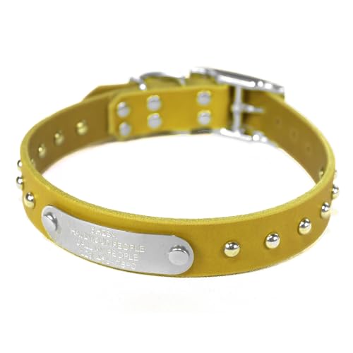 Handmade Studded Bridle Leather Dog Collar, Silver Tone Hardware and Stainless Steel Nameplate (Mustard Yellow) - color: Mustard Yellow