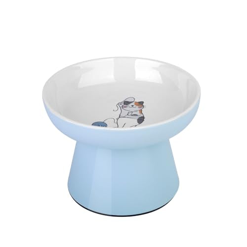 Raised Cat Food Bowl – Ceramic Elevated Cat Bowl for Whisker & Neck Fatigue,Non-Slip & Anti Vomiting Pet Feeder for Kittens to Adult Cats and Small Dogs,Dishwasher Safe(Blue) - color: Blue