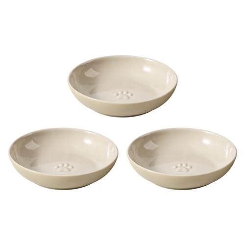 Havniva 5.7'' Ceramic Wide Whisker Friendly Cat Dishes, Set of 3 Ceramic Cat Bowls, Indoor Kitten Feeding Food& Water Dish to Prevent Whisker Fatigue(3 Pcs) - color: 3 Bowls- Vintage Latte