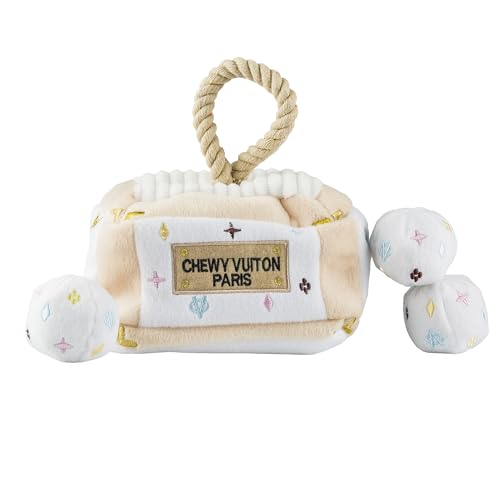 Haute Diggity Dog Chewy Vuiton Trunk Puzzle with 3 Plush Squeaky Dog Toys, Soft Durable Designer-Inspired Stuffed Puppy Chew Toys for Small & Medium Dogs, Machine-Washable (White) One Size - color: White Trunk, size: One Size
