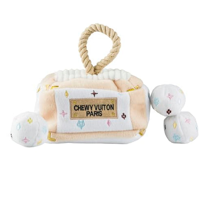 Haute Diggity Dog Chewy Vuiton Trunk Puzzle with 3 Plush Squeaky Dog Toys, Soft Durable Designer-Inspired Stuffed Puppy Chew Toys for Small & Medium Dogs, Machine-Washable (White) One Size - color: White Trunk, size: One Size