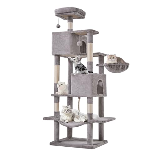 Large Cat Tree 66 Inch, Multi-Level Tall Cat Tree Tower with Condo, Perches, Sisal Scratching Posts and Hammock, Pet Play House with Dangling Balls for Indoor Cats, Light Grey - color: Light Grey, size: 66IN