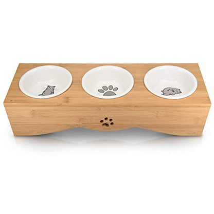 Navaris Cat Bowls with Stand - Elevated Triple Feeder for Cats - Ceramic Pet Bowl Dishes 3-Pcs Set with Printed Designs and Raised Bamboo Wood Holder