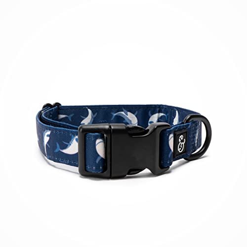 Lucy & Co. Shark Attack Dog Collar - Durable Lightweight Designer Collar for Pets - Adjustable Metal Safety Buckle - Navy White Shark - Small - color: Shark Attack Dog Collar, size: Small