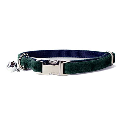 Sam & Maui Velvet Adjustable Cat Collar with Metal Silver Chrome Buckle and Bell Emerald C - color: Emerald