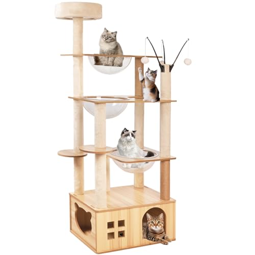 66.8'' Wooden cat Tree with cat Condo, Cat Stairs Scratching Posts, 3 Bowl,Toys,Sisal Scratching Posts and Top Perch.Cat Tree for Large Cats.