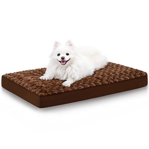 Dog Crate Bed Waterproof Dog Beds for Medium Pets Rose Velvet Soft Fluffy Washable with Removable Cover & Anti-Slip Bottom, 29 x 18 Inch, Brown - color: Brown, size: 29.0"L x 18.0"W x 3.0"Th