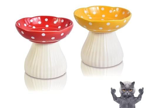 Mushroom Cat Bowl,Whisker Fatigue Cat Bowl,Cute Cat Bowls,Elevated Cat Food Bowl, Lead & Cadmium Free Ceramic Cat Bowls for Food and Water. (Red+Yellow) - color: Red+Yellow