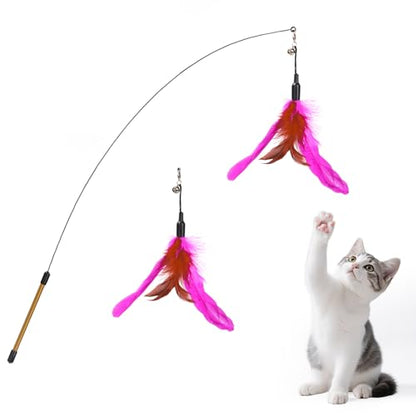 Pawaboo Feather Teaser Cat Toy, Interactive Feather Wand Cats Toy Flying Feathers Cat Catcher with Extra Long 34.5" Wand and Small Bell, Exerciser Playing Toys for Kitten or Cats, Rose + Red Brown - color: Rose + Red Brown