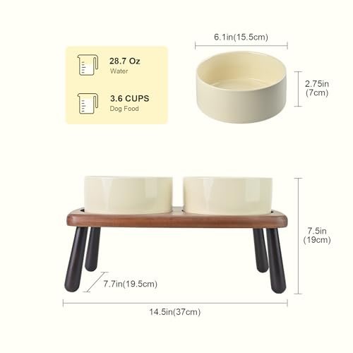 SPUNKYJUNKY Ceramic Elevated Dog Bowls Raised with Acacia Bamboo Wooden Stand, 6.1'' Dog and Cat Food Water Bowls Set Non-Slip for Small Medium Sized Breed Microwave Dishwasher Safe - 28.7 OZ,Beige - color: Beige, size: 6.1 in - Dual